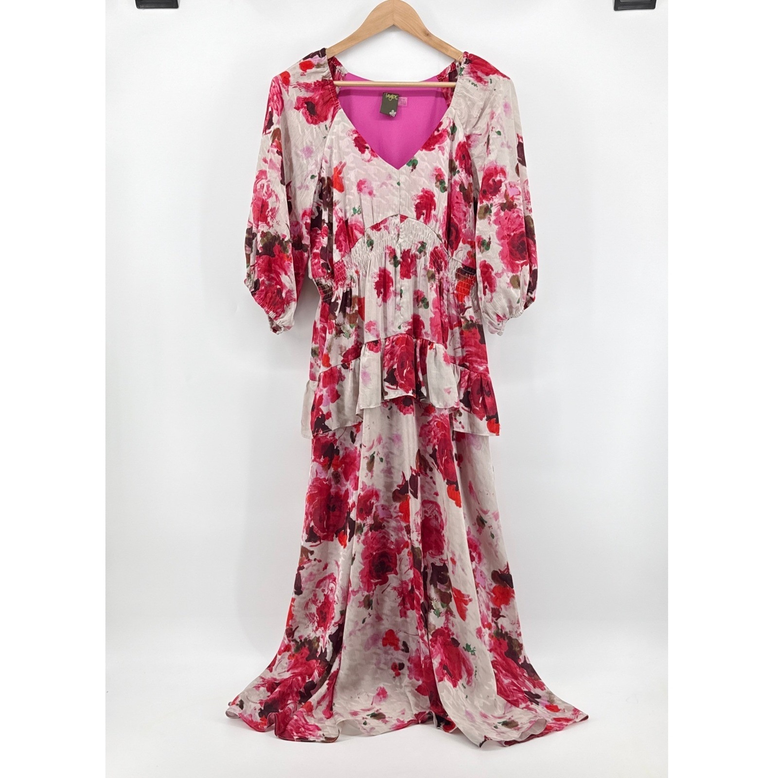 Taylor Womens Floral Smocked Waist Ruffle Tiered Maxi Dress Pink Red Size 14